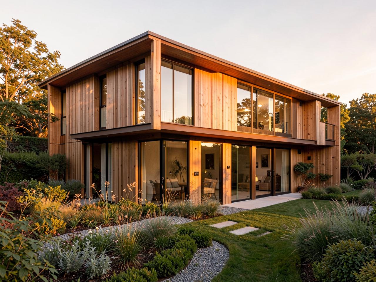 Maison contemporaine en bois au coucher du soleil